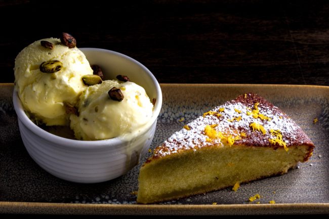 Olive oil cake and pistachio ice cream