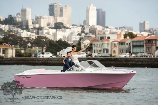 Bride and groom on a boat