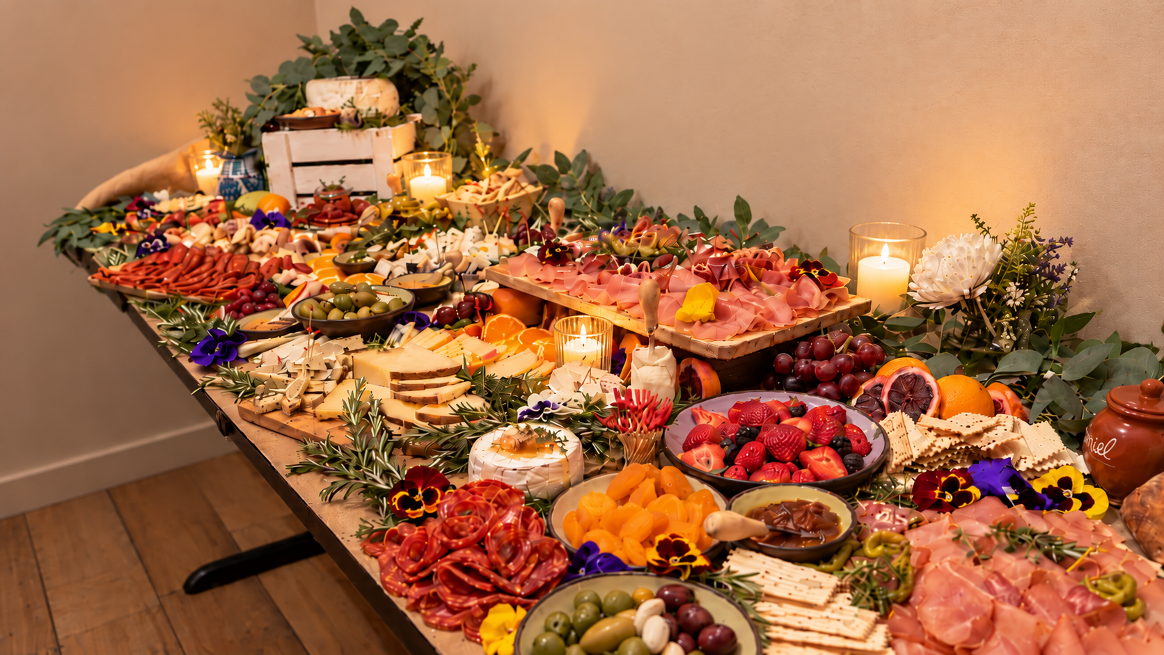 Grazing table arranged with cheeses, cured meats, fruit, olives, crackers, flowers and candles.
